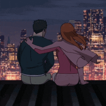 a man and a woman are sitting on a balcony looking at the city