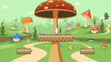 a cartoon of a penguin standing on a platform in a mushroom forest