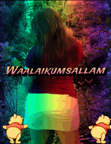a woman in a winnie the pooh outfit is standing in front of a sign that says waalaikumsallam