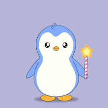 a penguin is holding a wand with a star on it and is surrounded by clouds