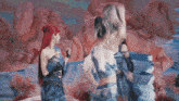 a group of women with red hair are dancing in a desert scene