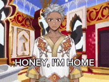 a cartoon character is standing in a room with the words `` honey , i 'm home '' written on it .