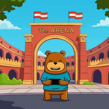 a cartoon of a bear standing in front of a sign that says the arena