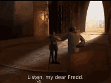 a video game character is talking to another character in a room .