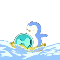 a blue and white penguin is riding a wave on a skateboard