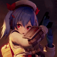 a girl with blue hair is holding a gun in her hand