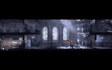 a screenshot of a video game shows a man standing in front of a church