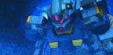 a blue robot is shooting a purple light