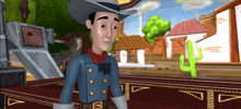 a cartoon of a man in a cowboy hat with the letter g on his belt