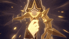 a person is holding a gold sword with a star on it
