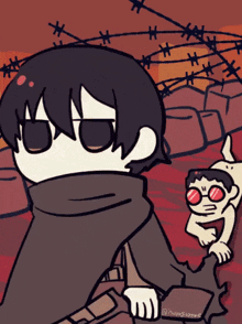 a cartoon drawing of a man with red glasses and barbed wire behind him