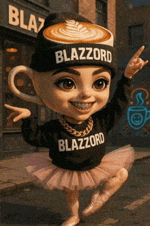 a cartoon character wearing a black sweater that says blazzard