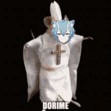 a person with blue hair is wearing a white robe with a cross around their neck and the words inter dorime are below them