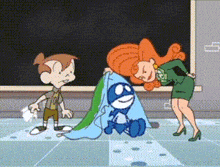 a cartoon of a teacher standing next to a boy and a stuffed animal