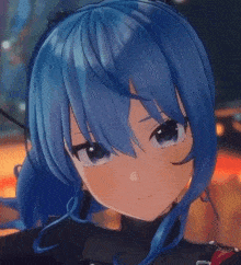 a close up of a girl with blue hair