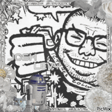 a black and white drawing of a man with glasses and the name josh levi on it