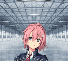 a girl with pink hair and an x in her hair stands in an empty warehouse