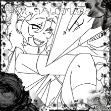 a black and white drawing of a girl with a crown on her head