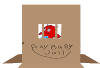 a cardboard box with a picture of a baby behind bars and the words gay baby jail