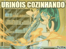 a cartoon of a girl holding a gun with the words urinois cozinhando above her