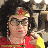 a woman dressed as wonder woman smoking a cigarette