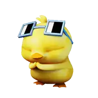 a yellow cartoon chicken wearing blue square sunglasses