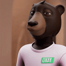 a cartoon bear wearing a pink shirt with a green okay tag on his chest
