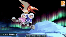 two ice climbers are flying in the air with a pterodactyl in the background