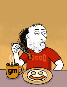 a cartoon of a man eating eggs with a gm mug in front of him