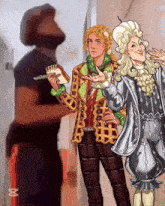 a cartoon drawing of a man holding a sandwich and another man holding a notepad