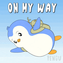 a cartoon of a penguin flying with the words on my way below it