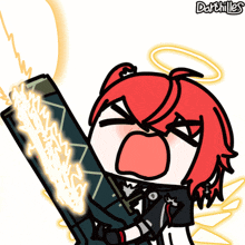 a cartoon character with red hair is holding a sword with darthilles written on the bottom right