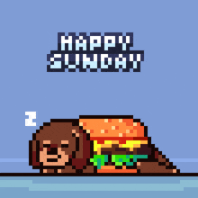 a pixel art of a dog in a hamburger with the words happy sunday