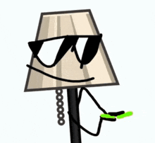 a lamp with sunglasses on is holding a green bottle