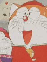 a close up of a cartoon character with a bell on his belly