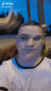 a young man taking a selfie with a statue in the background and a tiktok watermark