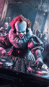 a clown wearing headphones is playing music on a dj controller
