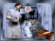 a picture of a woman and a teddy bear with the words bonne journee