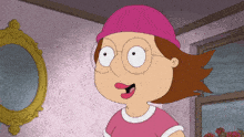 a cartoon character wearing glasses and a pink hat is sticking her tongue out
