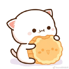 a cute cartoon cat is holding a cookie in its mouth .