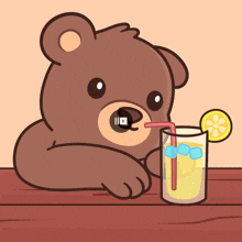 a cartoon bear drinking a glass of lemonade with ice cubes