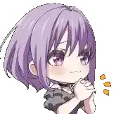 a cartoon girl with purple hair is holding her hands together in a prayer .
