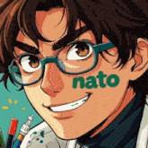 a cartoon of a boy with glasses and the name nato on his face