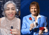 a man in a blue suit holds a red rose next to a woman