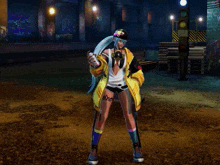 a woman in a yellow jacket is standing in front of a pink smoke coming out of her hair