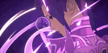 a woman in a purple dress is surrounded by purple lightning