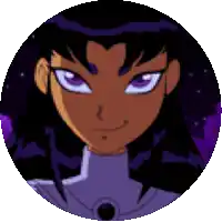 a close up of a cartoon character 's face with purple eyes