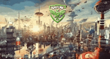 a picture of a futuristic city with a logo on the top of it .