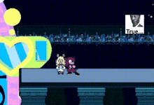 a couple of cartoon characters are standing next to each other on a platform in a video game .
