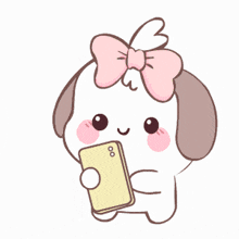a cartoon drawing of a dog with a pink bow on its head holding a cell phone